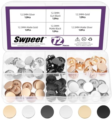 Swpeet Lot de 72 boutons plats en métal de 12,5 mm - 3 couleurs - Tige en alliage - Bouton de couture rond en laine - Boutons plats ronds en métal pour vêtements - Accessoires de bricolage