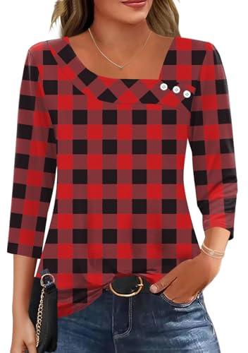 Kistore Blouse Femme Chic et Élégant Col Irrégulier Boutonné Décontractés Top à Manches 3/4 Mi-Longues Tunique Femme Ete Haut(Motif à Carreaux,M)