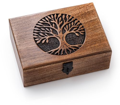 inanosa Handmade Mango Wood Tree of Life Jewelry Box, 7x5 inch Hand Carved Keepsake Box & Organizer, Unique Gift for Men & Women (Classic Tree of Life)