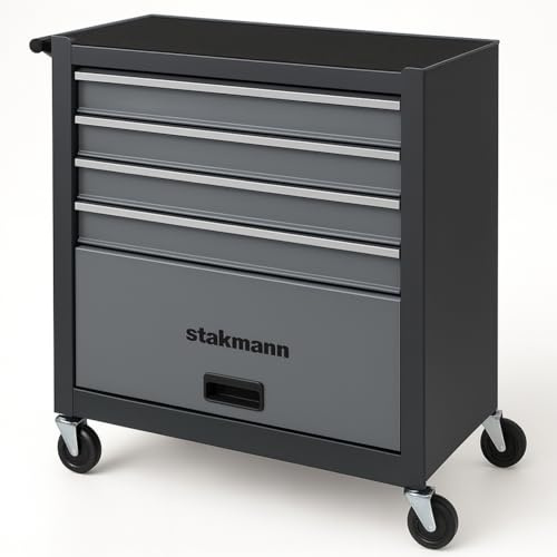 STAKMANN Carrello Portautensili con 4 Cassetti in Acciaio, Carrellino per Attrezzi Multiuso, Armadietto per Strumenti di Lavoro con Ruote Piroettanti, Ideale per Officine, Garage, Fai da Te (Grigio)