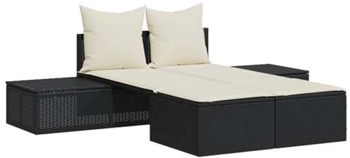 WGYHOME Doppel-Sonnenliege Schwarz PE-Rattan 104x162 cm mit waschbaren Cremeweiß-Kissen, UV-beständig – für Garten, Terrasse & Balkon