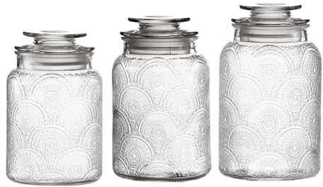 Style Setter Canister Set 3-Piece Glass Jars in 34oz, 44oz & 54oz Retro Design Lids for Cookies, Candy, Coffee, Flour, Sugar, Rice, Pasta, Cereal & More
