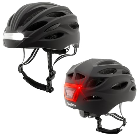 CoolBox M02 Casco para Patinete Eléctrico o Bicicleta Negro con Luz LED Frontal y Trasera. Ligero y Resistente con Espuma EPS y Cubierta de Policarbonato, Diseño Transpirable. Talla L