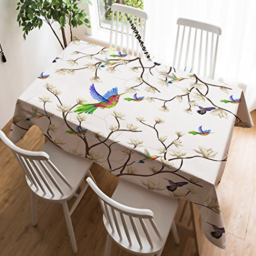 Violetpos Tischdecke Tischtuch Leinendecke Leinen Pflegeleicht Abwaschbar Schmutzabweisend Tischwäsche Kolibri Magnolie Blume Blumenzweig Hummingbird Vögel 130 x 170 cm