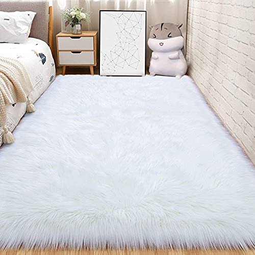 HEQUN Non-Slip Faux Fur Rug, Fluffy Rug, Shaggy Rugs,Faux Sheepskin Rugs Floor Carpet for Bedrooms Living Room Kids Rooms Decor (White, 75 X 120 CM Square)
