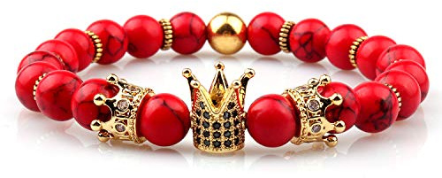 GVUSMIL Imperial Luxury Crown Natural Gemstone Beads Bracelet Charm Royal Jewelry for Women Men (Red Turquoise)