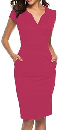 CEASIKERY Women's Business Retro Cocktail Pencil Wear to Work Office Casual Dress,Rose Red,XXL