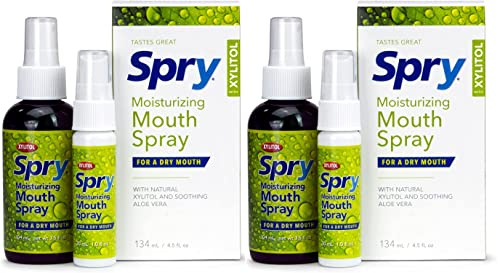 Spry Natural Xylitol Moisturizing Dry Mouth Spray, Stop Bad Breath, Increase Saliva Production, Non-GMO, Gluten-Free On The Go Oral Care with Spearmint Flavor, 4.5 fl.oz (Pack of 2)