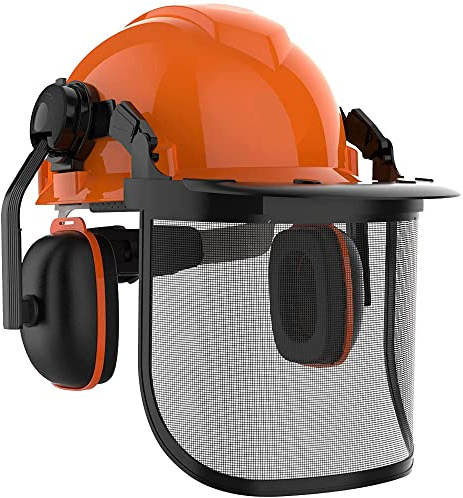 GardenPal Industrial Forestry Safety Helmet and Hearing Protection System, with Mesh Face Protection, Safety Helmet with Ear Muffs, Chainsaw Helmet, Chainsaw Face Shield, (Orange)