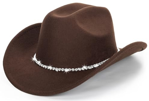 Classico Feltro-Western-Cowboy-Cowgirl-Cappelli per Donna-Uomo-Fedora-Jazz-Hat con Band(Lagre), Caffè Con Diamante, Large