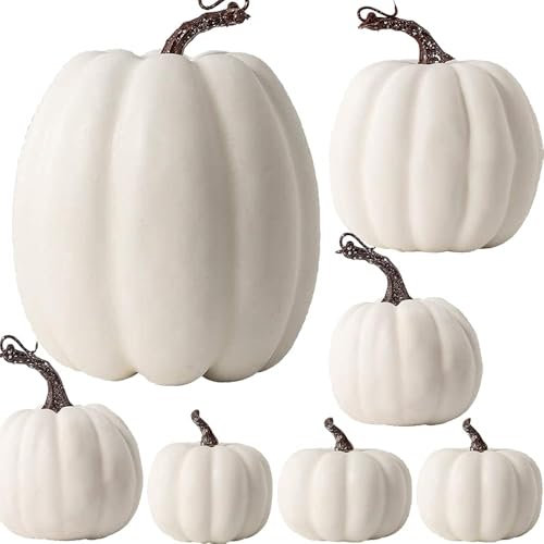 YUHGENWI Lot de 7 décorations d'automne en Forme de citrouilles Blanches pour Halloween, décorations artificielles pour fête à la Maison