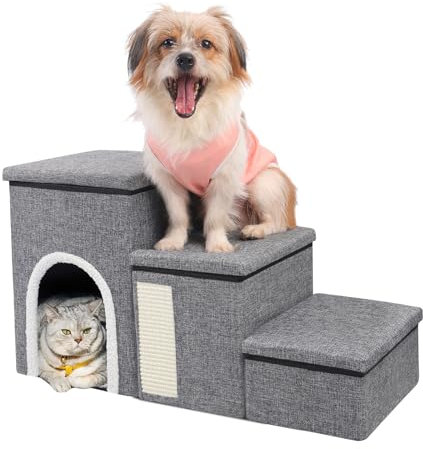 Escalera plegable para perros y gatos, 75 x 35 x 43 cm, con apartamento grande, espacio de almacenamiento y tabla rascadora