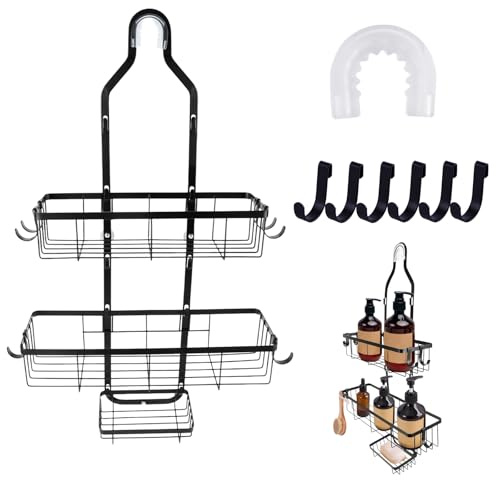 HMIEPRS Shower Caddy Hanging, 3-Tier Bathroom Shelves with Soap Dish & Hooks, No Drill Over Head Bathroom Caddy, Rustproof Black Shower Storage Organiser Rack for Shampoo Soap Towels