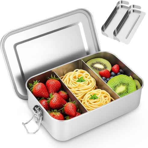Cexovo 1400ML Boîte à Bento en Acier Inoxydable Lunch Box Inox Boîte à Lunch en Acier Inoxydable Avec 2 Compartiment Amovible, Sans BPA, Anti Fuite, pour Bureau, Voyage, Camping, Enfants et Adultes