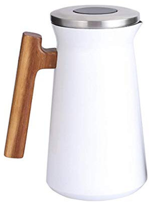 XWBLDBDFC Jarra térmica para cafetera, 1 l, doble pared, acero inoxidable, 12-24 horas, almacenamiento térmico con mango de madera, jarra de agua para café, té y bebidas, color blanco
