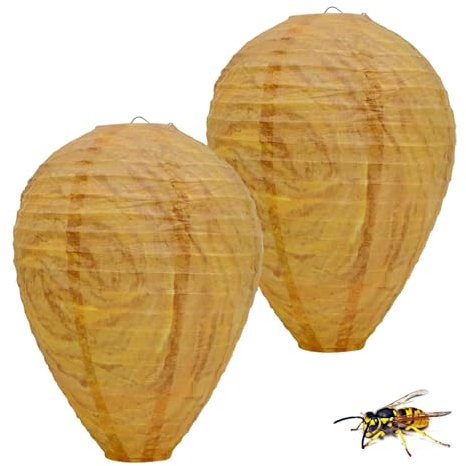 Lot de 2 Nids de Guêpes Factices à Suspendre, Répulsif Naturel Anti-Guêpes pour Jardin Balcon Terrasse Extérieur, Déco Réutilisable sans Produits Chimiques