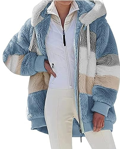 Livonmone Womens Teddy Hoodies Fleece Jackets Winter Warm Coats Full Zip Stylish Fuzzy Sweatshirt Ladies Casual Jumper Outerwear With Pockets (Blue, L)