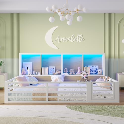 Bodenbett 140x200 mit LED-Beleuchtung, Kinderbett mit Stauraumfach und Rausfallschutz aus Metall inkl. Lattenrost und Tür, Montessori Bett Gitterbett Kinder Jugendbett Doppelbett, Ohne Matratze, Weiß