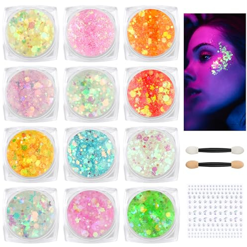 BUTBU Fluorescerande paljetter, 12 färger gelglitter för kropp, fluoreszierendes, glitter smink gel för kropp, läppar, smink, maskerad, halloween, jul, musikaliska fester