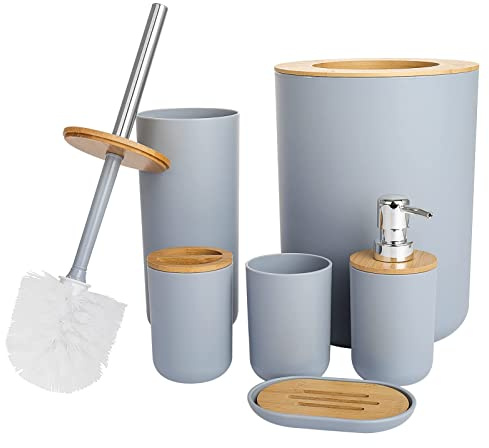 GREENSAPPIRE Bathroom Accessories Set - 6-piece Modern Bathroom Bin And Toilet Brush Set - Includes Trash Can Toilet Brush Toothbrush Holder Soap Dispenser Soap Dish and Mouthwash Cup (Grey)