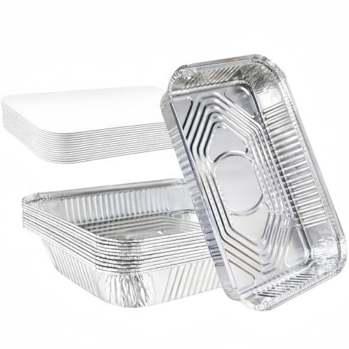 10 Pack Large Aluminium Foil Trays with Paper Lids(32x21x5cm, 3500ml), Heavy Duty Disposable Roasting Pans & Deep Baking Tins, Rectangular Foil Containers for Oven Cooking, BBQ, Freezer, Meal Prep