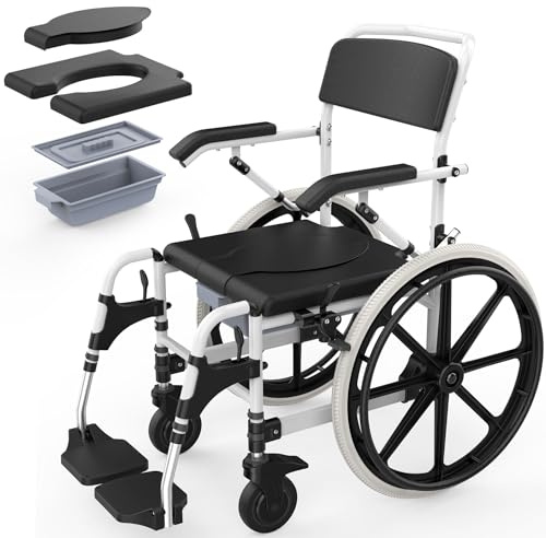 Self-Propelled Shower Wheelchair for Elderly and Disabled, Rolling Shower Chair with Wheels 22,Bedside Commode Transfer Chair,Aluminum Alloy Bathroom Wheelchairs with Removable Commode Bucket,300LBS