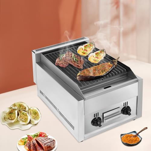 Barbecue a gas a 2 fuochi, da tavolo, da campeggio, a gas, portatile, a gas da tavolo, temperatura regolabile, con pietra vulcanica e griglia in ghisa, 55 x 37,5 x 38 cm