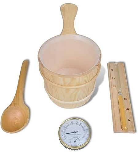 Set di accessori per sauna, 5 pezzi, con secchio, paletta, clessidra, termometro e igrometro in materiale resistente alle temperature, per sauna, benessere, spa e relax
