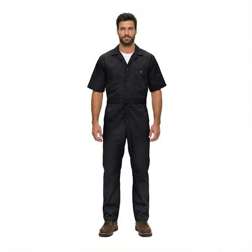 Natural Uniforms Mens Short Sleeve Zip Up Coverall, Stain and Wrinkle Resistant (Black, Medium)