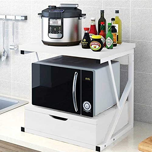 BAKAJI Étagère à Micro-Ondes, Structure en métal avec étagère en Bois MDF et tiroir Organisateur étagère Porte-Outils de Cuisine, Design Moderne, 54 x 35 x 50 cm (Blanc), Moyenne