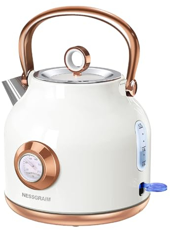 Retro Electric Kettle, 1.7L Stainless Steel Tea Kettle with Large Temperature Gauge, 1500W Fast Heating Hot Water Boiler with LED Indicator, Auto Shut-off & Boil-Dry Protection-Reteo White