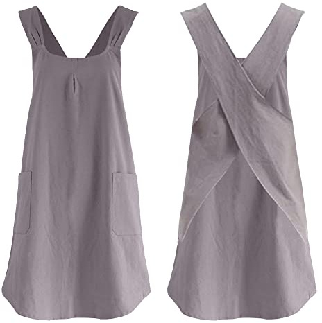 Glorlliant Delantal Cruzado de Banda Halter, Delantal de Algodón y Lino de Color Sólido con Bolsillos Grandes Estilo Japonés, Delantal de Literatura Retro para Mujeres de Jardinería Floristería Gris