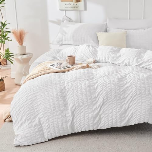 HYMOKEGE Juego de funda de edredón color blanco, tamaño King, juego de funda de edredón ultrasuave de 3 piezas con cierre de cremallera, juego de ropa de cama de microfibra cepillada suave con 8 lazos