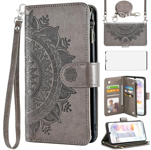 Asuwish Handyhülle für LG Velvet 5G/4G Hülle mit Band und Folie Schutzfolie Kartenfach Klappbar Leder Blumen Geldbörse Ständer LMG910EMW LM-G910EMW Reißverschluss Hüllen Schutzhülle Phone Case Grau