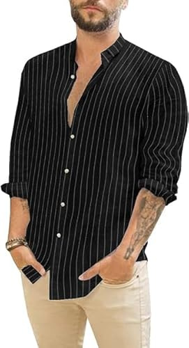 Runcati Chemise en lin pour homme - Chemise d'été à manches longues - Rayée - Chemise de loisirs - Chemise en coton - Coupe droite - Chemise de plage, Noir , XL