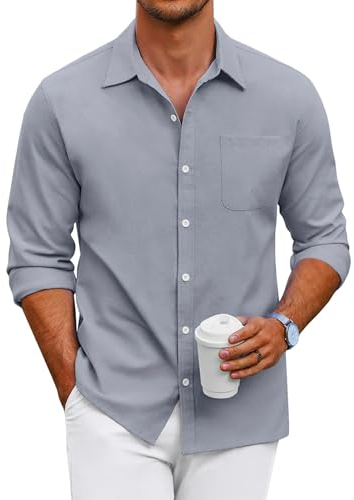 COOFANDY Hemd Herren Langarm Freizeithemd Regular Fit Oxford Hemd Business Oberhemd Button Down Hemden mit Brusttasche Einfarbig Grau XL
