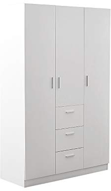 Panana Large 3 Door Wardrobe with 3 Drawers 4 Shelves Storage Cupboard Closet, Hanging Rail for Bedroom Furniture (White)