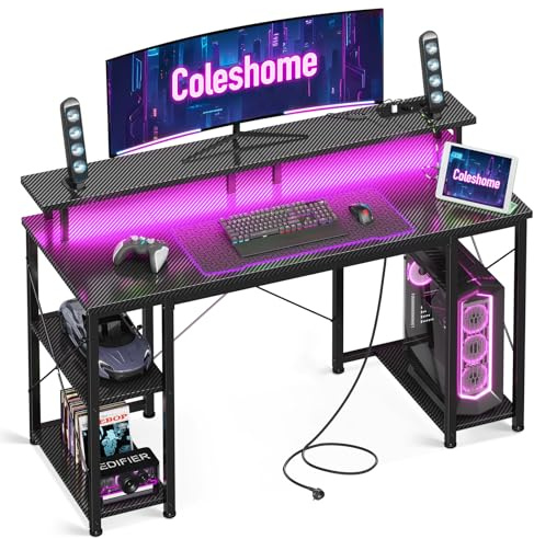 Coleshome Gaming Tisch mit LED-Beleuchtung, 120x50cm Gaming Schreibtisch mit 2 Steckdosen & 2 USB-Anschlüssen, Computertisch mit Monitorständer & Stauraum, Home Office Schreibtisch, Schwarz
