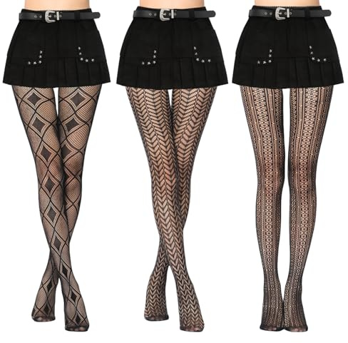 Cosmeria Collant a rete nero da donna, set da 3 con motivo, elastico e comodo, perfetto per rave, Halloween e abbigliamento quotidiano, taglia unica, Nero , L