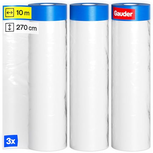 GAUDER 3 Rouleaux de Masker avec Ruban de Masquage (270 cm x 10 m) | 81 m² de Film de Protection Pré-Adhésif | Lot de 3 pour Fenêtres, Portes et Interrupteurs