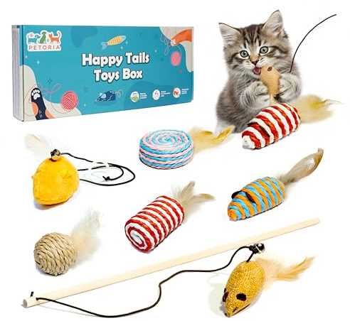 PETORIA Natural Cat Toys Set, Eco-Friendly Interactive Toys with Feather Mice, Fiber Balls, Wand & Teething Toys | Gift for Cats & Kittens