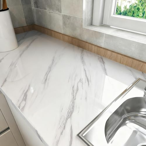 LaCheery Carta Adesiva per Mobili Marmorizzata Bianca Pellicola Adesiva per Mobili Cucina Grigio 60cm x 400cm Rotolo Adesivo Effetto Marmo Pareti Vinile Carta da Parati Adesivi per Piano Cucina