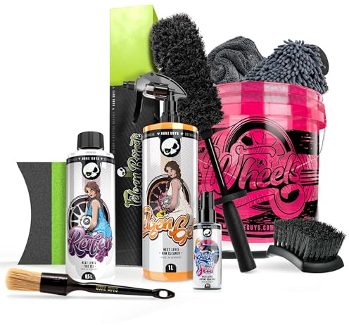 Nuke Guys Set de limpieza para llantas y neumáticos | Limpiador de llantas 1 l con indicador + cepillo de microfibra para llantas + sellador de llantas 100 ml + guante para llantas + brillo para