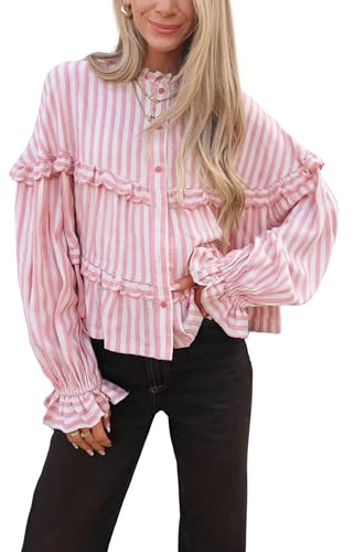 Tanming Womens Striped Button Down Shirts Ruffled Long Sleeve Stand Collar Shirt Dressy Casual Blouse Tops(Pink-XS)