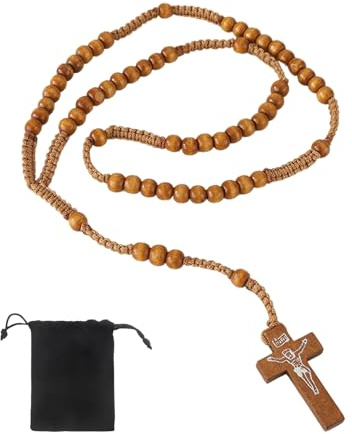 VYNZOR Chapelet Catholique en Bois d'Olivier de Jérusalem, Bijoux Religieux avec Croix, Unisex, Marron, 39 cm