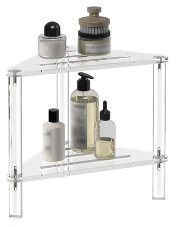 Yechiry Organizador Ducha de Esquina Pie, Organizador Ducha Acrílico 2 Niveles para Suelo Elegante Versátil Estantería Estantes Esquina Huecos para Cuarto Baño Dormitorio