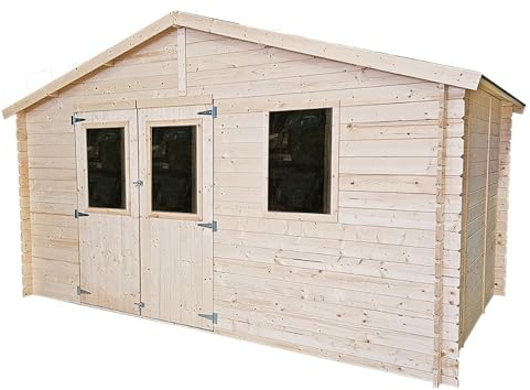 Casetta in legno da giardino Greta 4x4 m con porta doppia finestrata e finestra laterale – Struttura Block House 25 mm in abete naturale – Capanno da giardino, deposito, studio o dependance