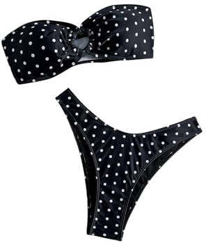 GORGLITTER Bandeau bikini damset polka prick baddräkt bandeau bikini topp med skurna outs bikinibyxor axelbandslös baddräkt set badmode set strandoutfit, svart, S