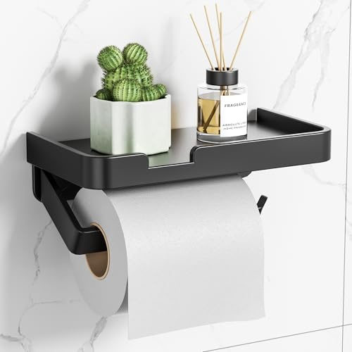 Flaveano Portarrollos Papel Higienico con Estante, Portarollos Papel Higienico Adhesivo o Atornillable - Negro Mate