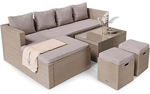 di volio Polyrattan Sitzgruppe Bologna - Lounge Gartenmöbel-Set für Garten und Terrasse mit Ecksofa, Tisch & 2 Hockern - Lounge-Set in Rattan-Optik inkl. eine Fleecedecke